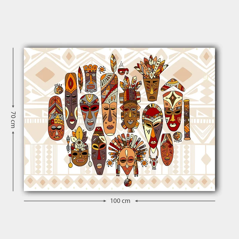 Lerretsbilde 70x100 cm - Samling av fargerike masker med forskjellige ansiktsuttrykk og detaljerte dekorasjoner - Rød / Brun / Beige - Innredning - Bilder & kunst - Lerretsbilder