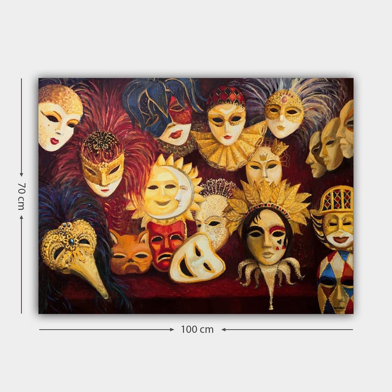 Lerretsbilde 70x100 cm - Samling av fargerike masker med forskjellige uttrykk og detaljer - Gull / Rød / Svart - Innredning - Bilder & kunst - Lerretsbilder