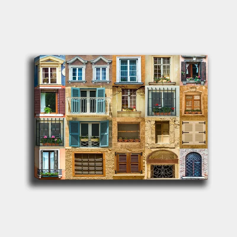 Lerretsbilde 70x100 cm - Samling av fargerike vinduer og balkonger som viser forskjellige arkitektoniske stiler - Gull / Blå / Terrakotta - Innredning - Bilder & kunst - Lerretsbilder