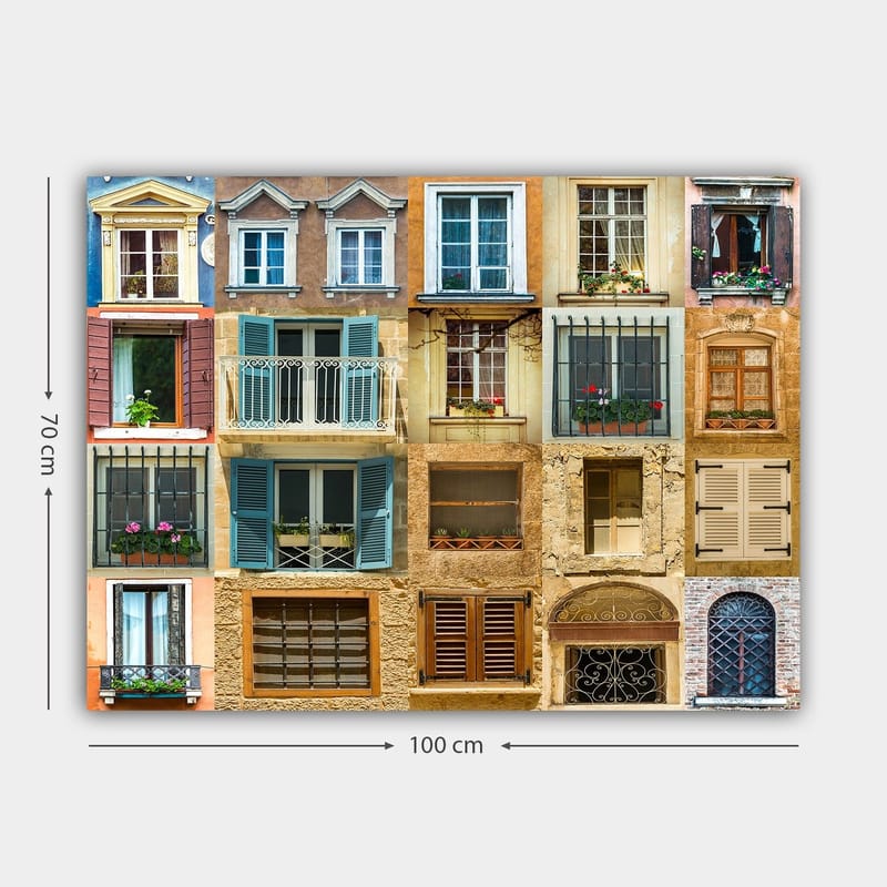 Lerretsbilde 70x100 cm - Samling av fargerike vinduer og balkonger som viser forskjellige arkitektoniske stiler - Gull / Blå / Terrakotta - Innredning - Bilder & kunst - Lerretsbilder