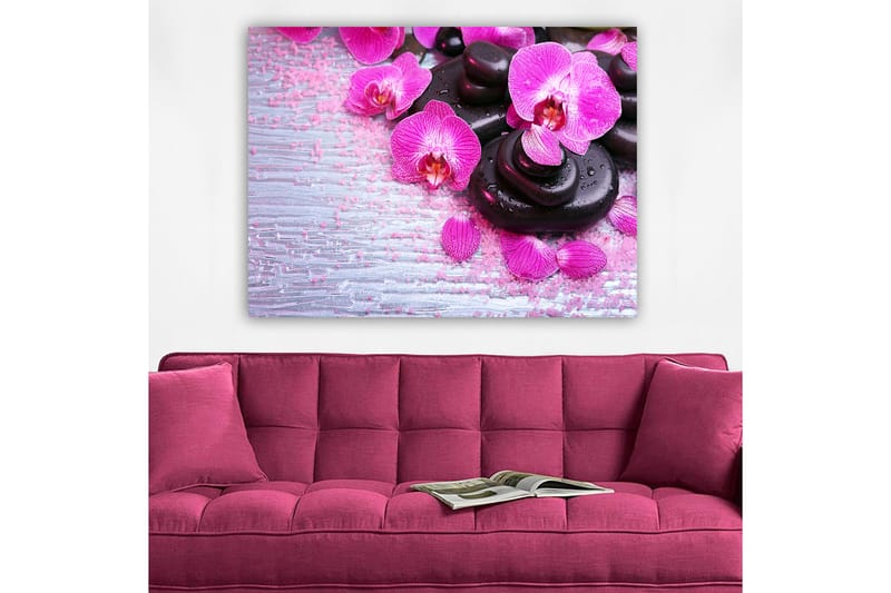 Lerretsbilde 70x100 cm - Samling av lilla orkideer og svarte steiner på en lys bakgrunn - Lilla / Svart - Innredning - Bilder & kunst - Lerretsbilder