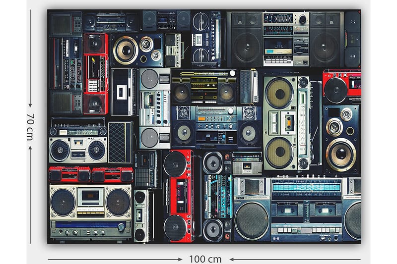Lerretsbilde 70x100 cm - Samling av retro lydsystemer og kassettspillere i forskjellige størrelser og former - Rød / Svart / Grå - Innredning - Bilder & kunst - Lerretsbilder