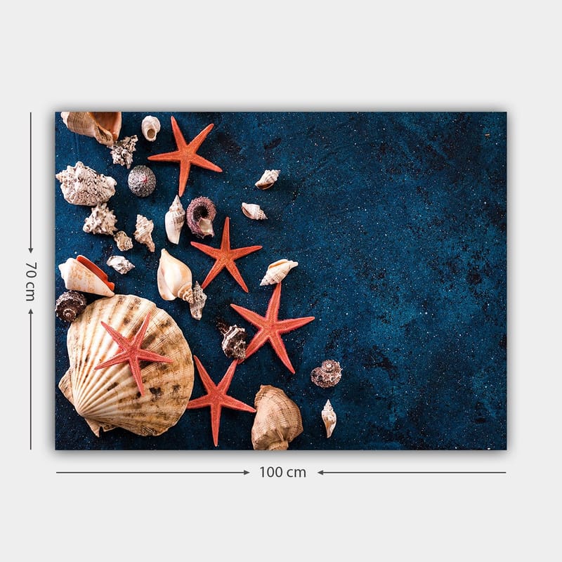 Lerretsbilde 70x100 cm - Samling av skjell og sjøstjerner på en dypblå overflate - Dyp blå / Rød / Beige - Innredning - Bilder & kunst - Lerretsbilder