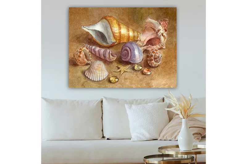 Lerretsbilde 70x100 cm - Samling av skjell og steiner i myke, naturlige farger - Beige / Lilla / Oransje - Innredning - Bilder & kunst - Lerretsbilder