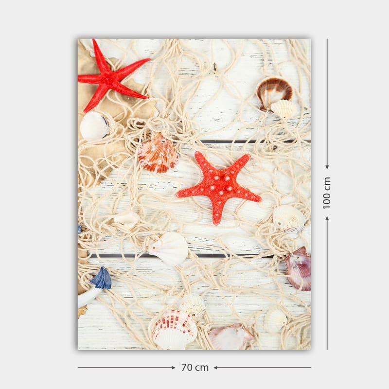 Lerretsbilde 70x100 cm - Samling av skjell og stjerneformede sjøstjerner på et nett - Rød / Beige / Hvit - Innredning - Bilder & kunst - Lerretsbilder