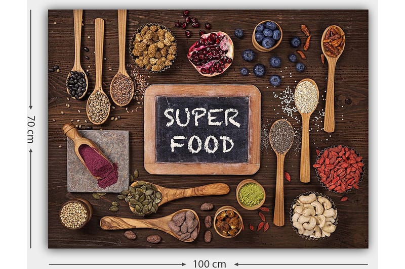 Lerretsbilde 70x100 cm - Samling av supermatvarer arrangert på en treoverflate med en brett som viser teksten SUPER FOOD - Rød / Grønn / Svart - Innredning - Bilder & kunst - Lerretsbilder