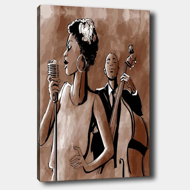 Lerretsbilde 70x100 cm - Sanger foran en mikrofon med en bassist i bakgrunnen, Mørk brun / Beige / Svart