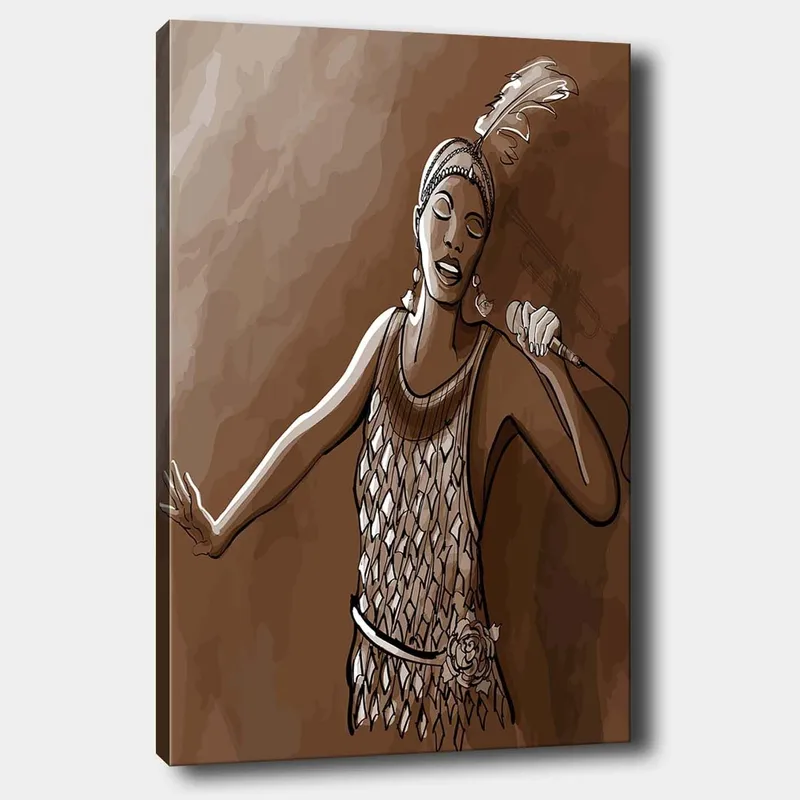 Lerretsbilde 70x100 cm - Sanger i glitrende kjole fremfører en kraftfull sang, Brun / Beige / Hvit
