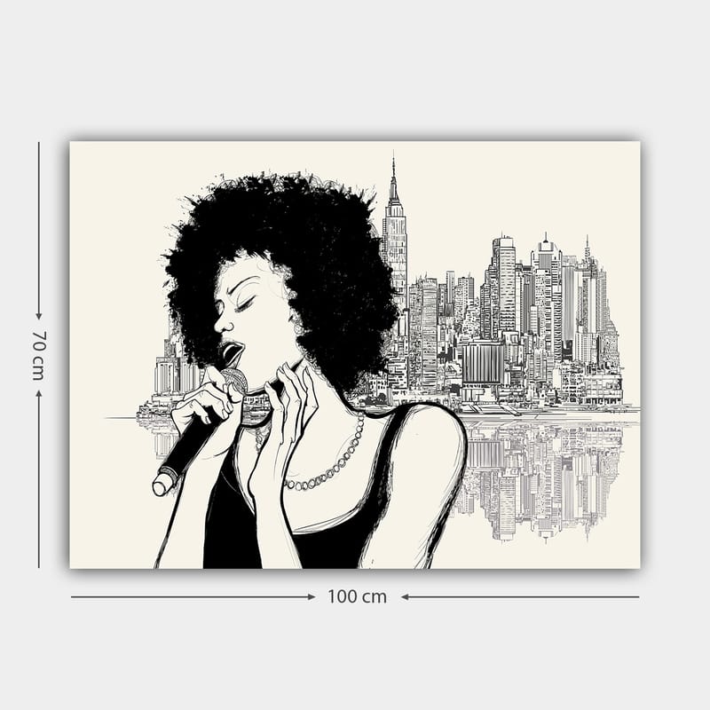 Lerretsbilde 70x100 cm - Sanger med afrohår foran en bysilhuett - Svart / Beige - Innredning - Bilder & kunst - Lerretsbilder