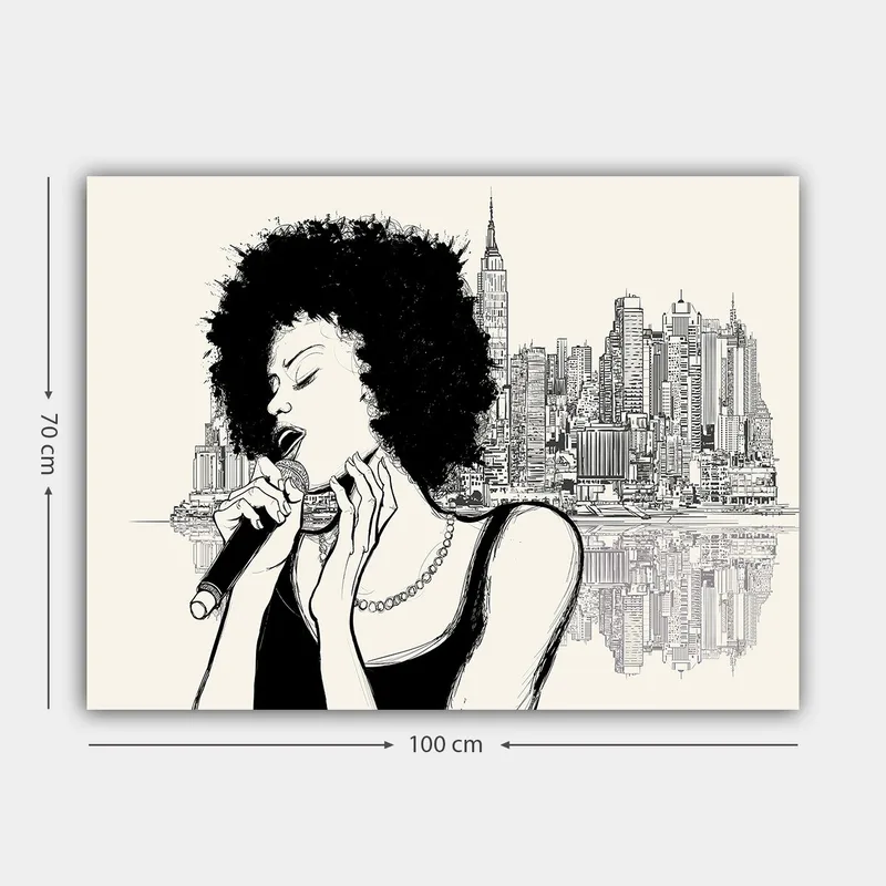 Lerretsbilde 70x100 cm - Sanger med afrohår foran en bysilhuett - Svart / Beige - Innredning - Bilder & kunst - Lerretsbilder