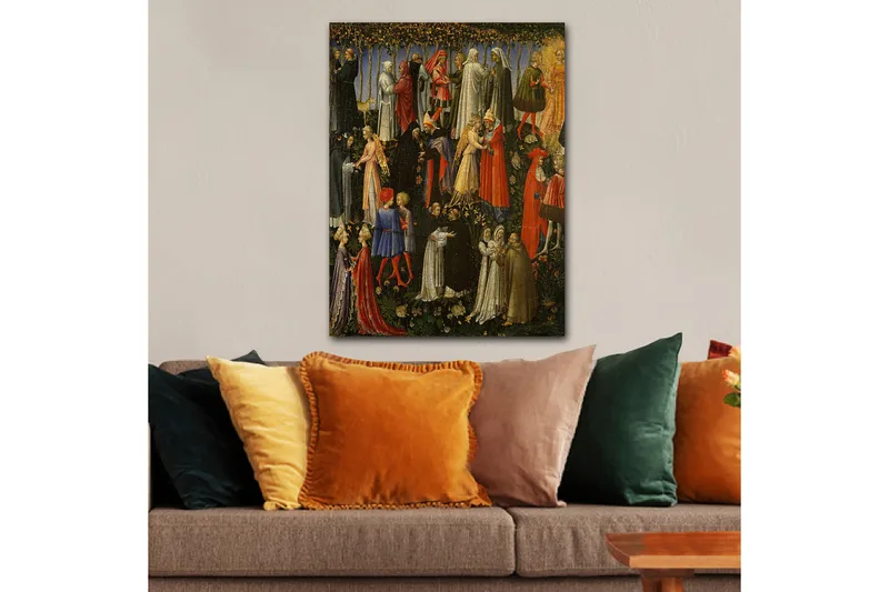 Lerretsbilde 70x100 cm - Scene med flere personer i middelalderklær som samhandler i en hage - Rød / Hvit / Svart - Innredning - Bilder & kunst - Lerretsbilder