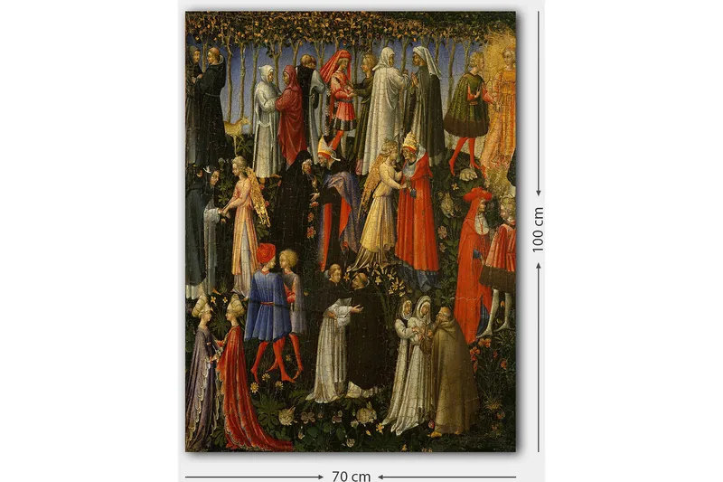 Lerretsbilde 70x100 cm - Scene med flere personer i middelalderklær som samhandler i en hage - Rød / Hvit / Svart - Innredning - Bilder & kunst - Lerretsbilder