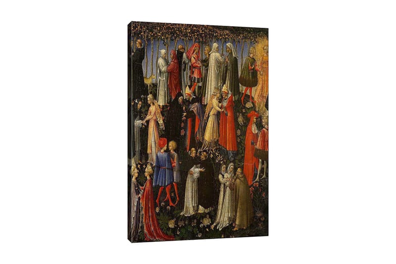 Lerretsbilde 70x100 cm - Scene med flere personer i middelalderklær som samhandler i en hage, Rød / Hvit / Svart