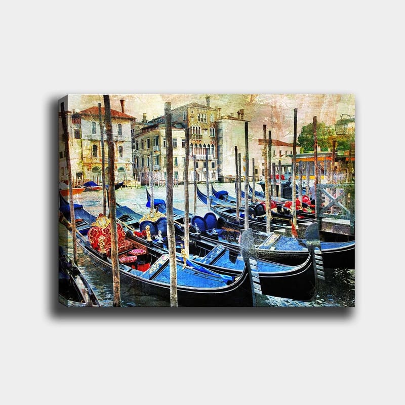 Lerretsbilde 70x100 cm - Scene med gondoler i en venetiansk kanal, omgitt av historiske bygninger, Blå / Rød / Svart