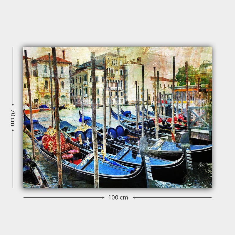 Lerretsbilde 70x100 cm - Scene med gondoler i en venetiansk kanal, omgitt av historiske bygninger - Blå / Rød / Svart - Innredning - Bilder & kunst - Lerretsbilder