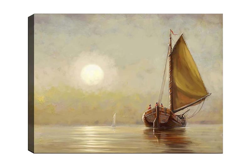 Lerretsbilde 70x100 cm - Seilbåt med brune detaljer og et stort gult seil i en rolig innsj ø under en myk soloppgang - Gul / Brun / Beige - Innredning - Bilder & kunst - Lerretsbilder