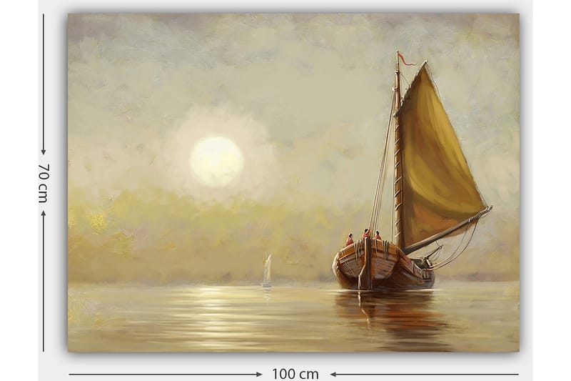 Lerretsbilde 70x100 cm - Seilbåt med brune detaljer og et stort gult seil i en rolig innsjø under en myk soloppgang - Gul / Brun / Beige - Innredning - Bilder & kunst - Lerretsbilder