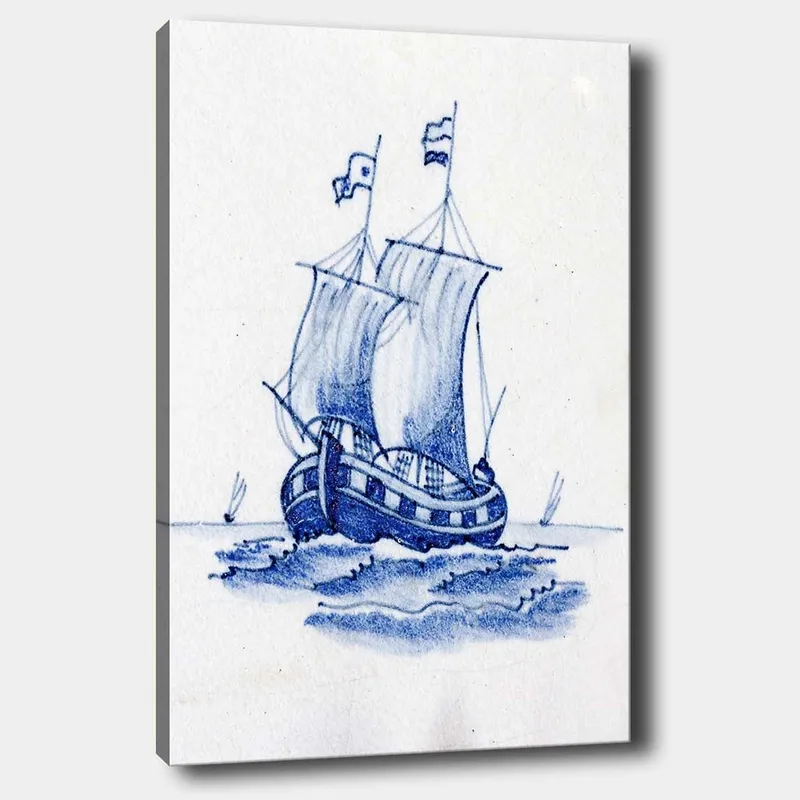 Lerretsbilde 70x100 cm - Seilbåt med hvite seil som navigerer på havet, Blå / Hvit