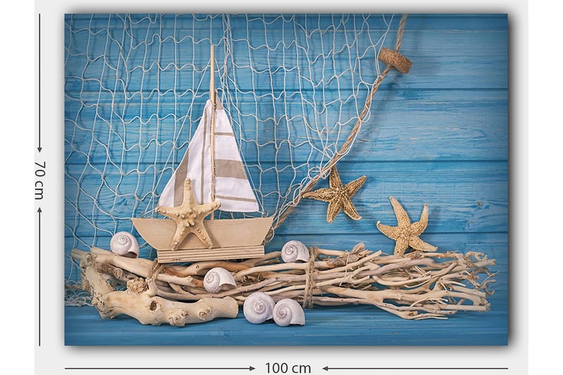 Lerretsbilde 70x100 cm - Seilbåt med stjerneformede sjøstjerner og skjell på en trebase, mot en blå bakgrunn - Blå / Beige / Hvit - Innredning - Bilder & kunst - Lerretsbilder