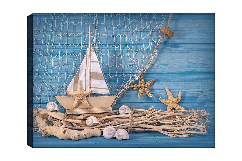 Lerretsbilde 70x100 cm - Seilbåt med stjerneformede sjøstjerner og skjell på en trebase, mot en blå bakgrunn, Blå / Beige / Hvit