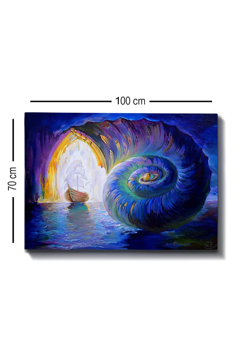 Lerretsbilde 70x100 cm - Seilbåt navigerer gjennom et stort skall som åpner seg mot en lysere verden - Blå / Grønn / Lilla - Innredning - Bilder & kunst - Lerretsbilder