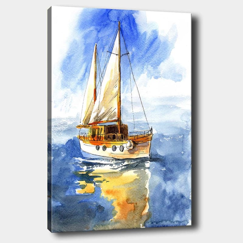 Lerretsbilde 70x100 cm - Seilbåt som glir over det glitrende vannet under en klar himmel - Blå / Hvit / Beige - Innredning - Bilder & kunst - Lerretsbilder