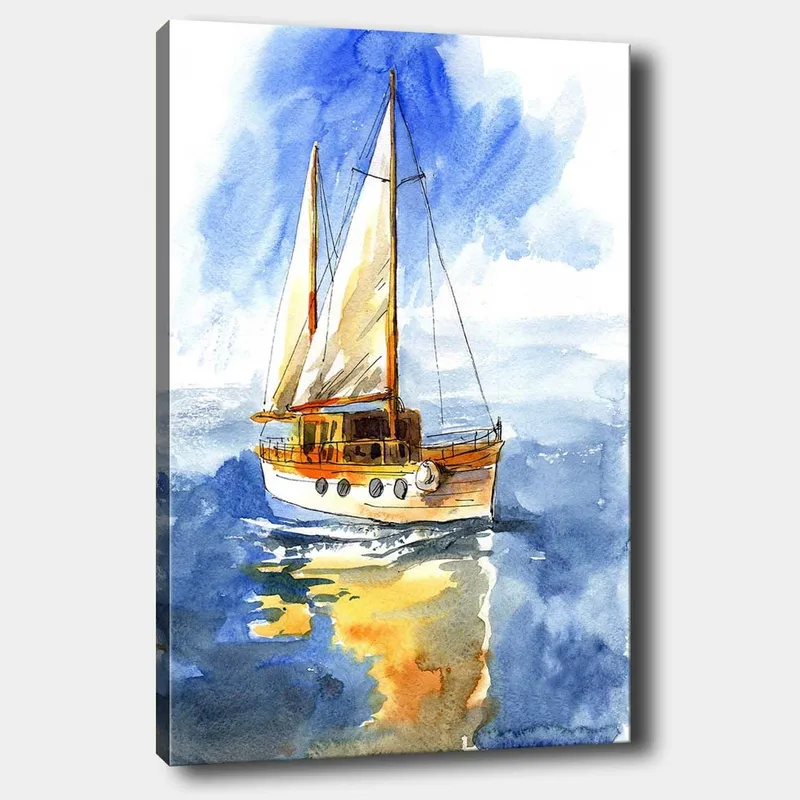 Lerretsbilde 70x100 cm - Seilbåt som glir over det glitrende vannet under en klar himmel - Blå / Hvit / Beige - Innredning - Bilder & kunst - Lerretsbilder