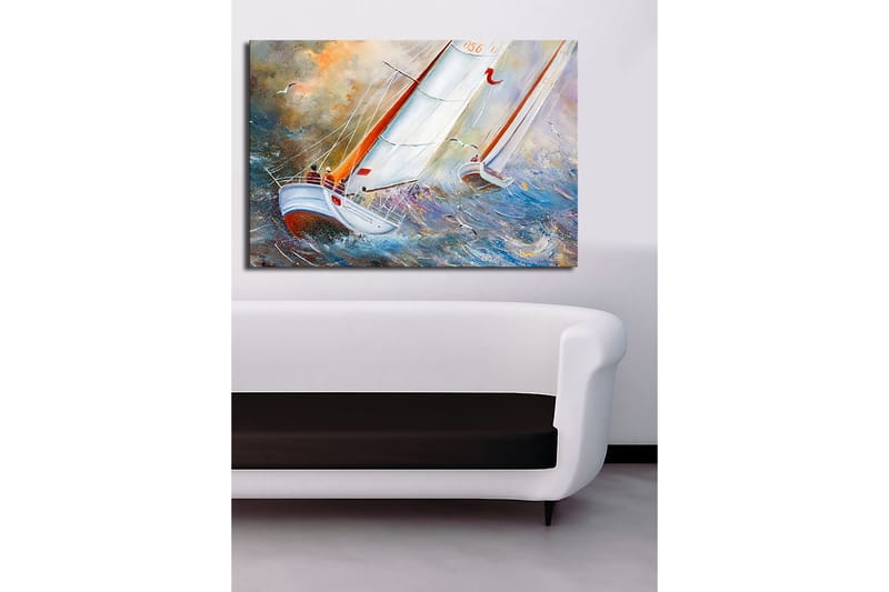 Lerretsbilde 70x100 cm - Seilbåter som navigerer gjennom stormfulle farvann - Blå / Hvit / Oransje - Innredning - Bilder & kunst - Lerretsbilder