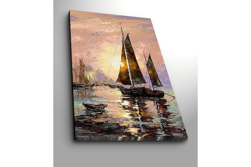 Lerretsbilde 70x100 cm - Seilb åter ved solnedgang ved sjøen - Mørk brun / Gull / Lys rosa - Innredning - Bilder & kunst - Lerretsbilder