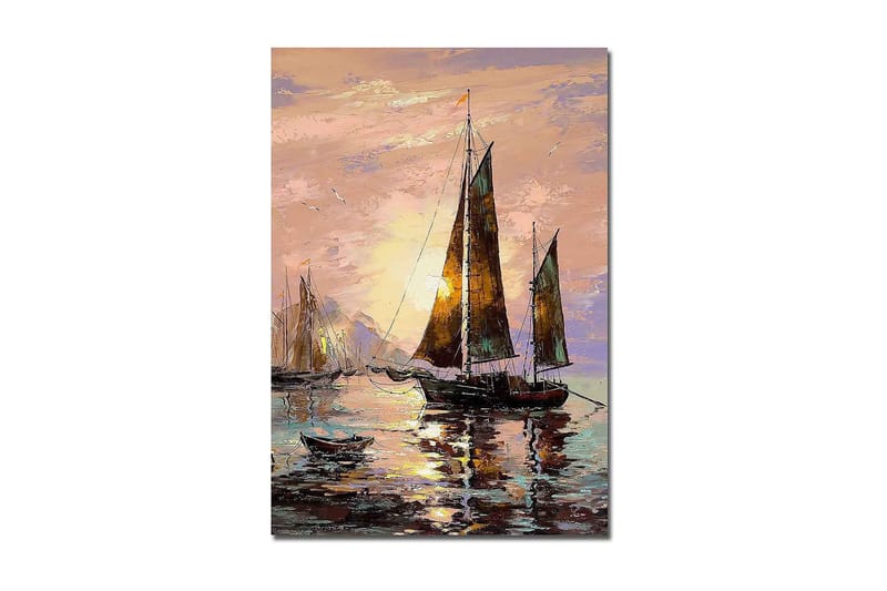 Lerretsbilde 70x100 cm - Seilbåter ved solnedgang ved sjøen, Mørk brun / Gull / Lys rosa