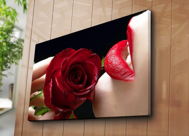 Lerretsbilde 70x100 cm - Sensuell nærbilde av en rose holdt tett inntil en leppe med rød leppestift - Rød / Grønn - Innredning - Bilder & kunst - Lerretsbilder