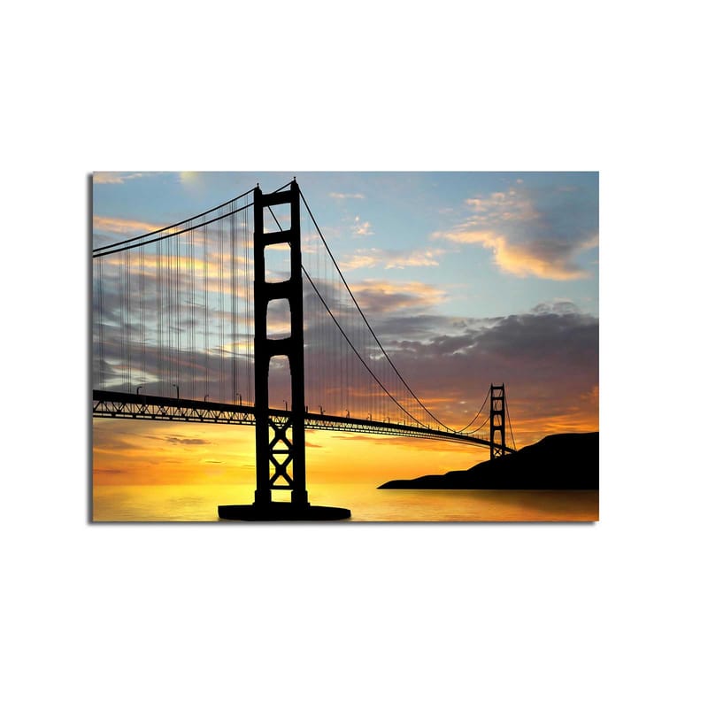 Lerretsbilde 70x100 cm - Silhuett av en bro mot en fargerik solnedgang - Oransje / Svart / Blå - Innredning - Bilder & kunst - Lerretsbilder