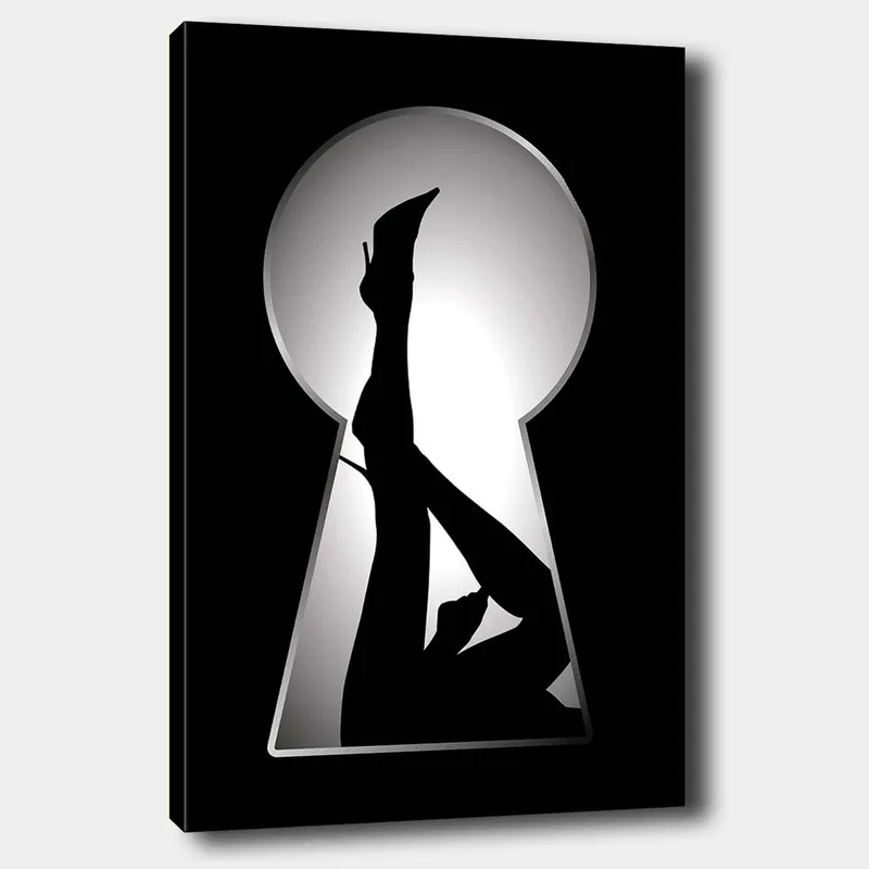 Lerretsbilde 70x100 cm - Silhuett av en kvinne i høye hæler gjennom et nøkkelhull, Svart / Hvit