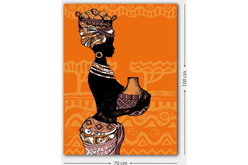 Lerretsbilde 70x100 cm - Silhuett av en kvinne med en potte og frukt på hodet, omgitt av geometriske mønstre - Svart / Oransje / Beige - Innredning - Bilder & kunst - Lerretsbilder
