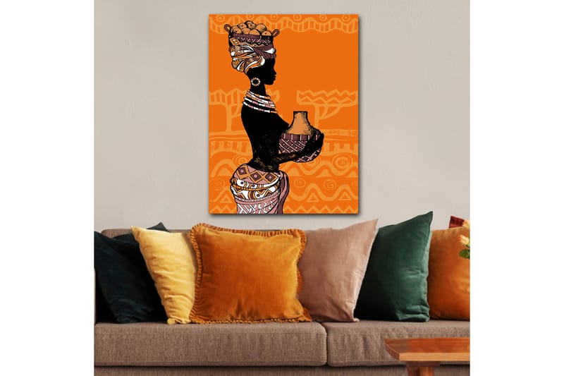 Lerretsbilde 70x100 cm - Silhuett av en kvinne med en potte og frukt på hodet, omgitt av geometriske mønstre - Svart / Oransje / Beige - Innredning - Bilder & kunst - Lerretsbilder