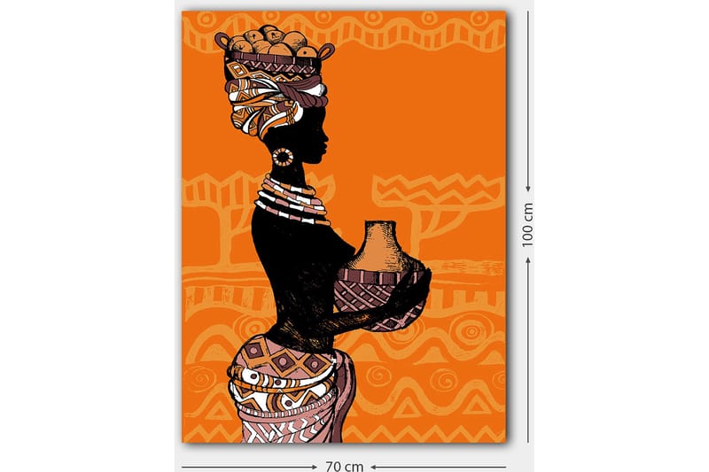 Lerretsbilde 70x100 cm - Silhuett av en kvinne med en potte og frukt på hodet, omgitt av geometriske mønstre - Svart / Oransje / Beige - Innredning - Bilder & kunst - Lerretsbilder