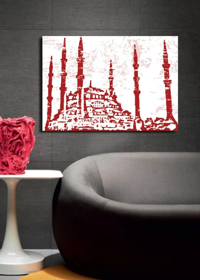 Lerretsbilde 70x100 cm - Silhuett av en moské med flere minareter i et stilisert design - Rød / Lys rosa - Innredning - Bilder & kunst - Lerretsbilder