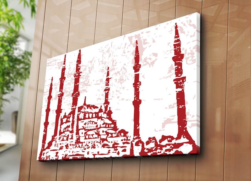 Lerretsbilde 70x100 cm - Silhuett av en moské med flere minareter i et stilisert design - Rød / Lys rosa - Innredning - Bilder & kunst - Lerretsbilder