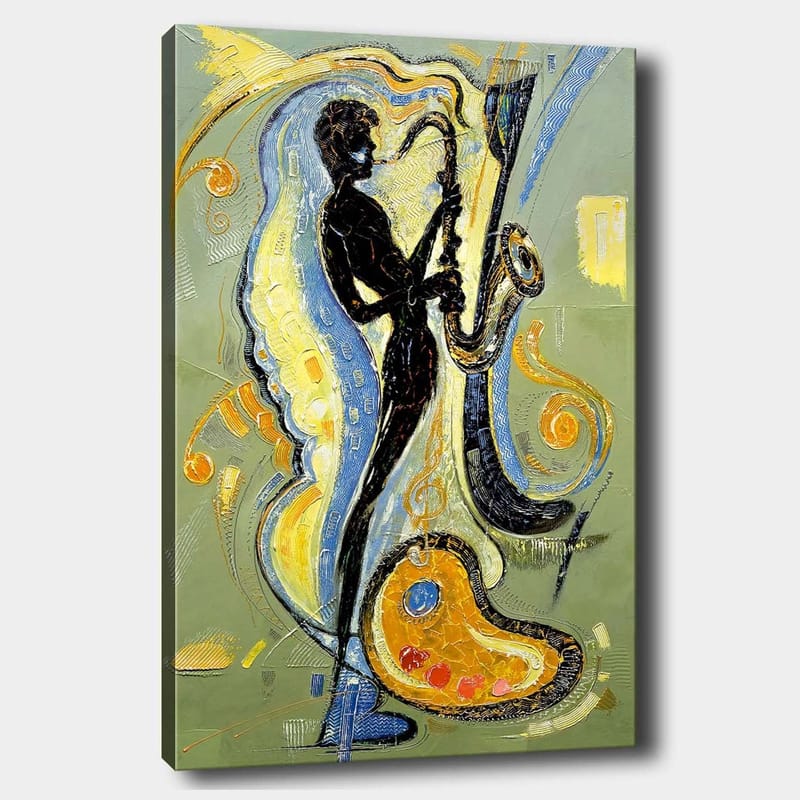 Lerretsbilde 70x100 cm - Silhuett av en saksofonist omgitt av musikalske elementer og fargerike mønstre, Svart / Gull / Blå