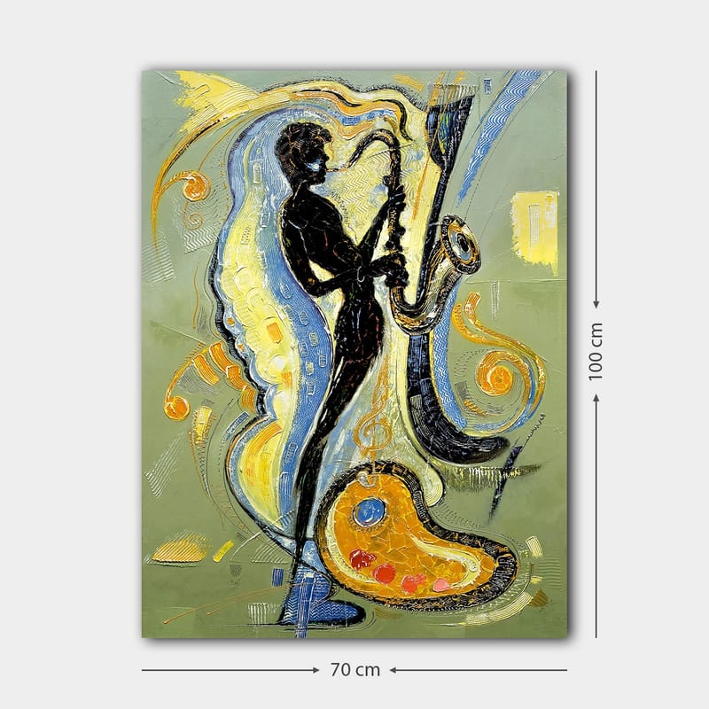 Lerretsbilde 70x100 cm - Silhuett av en saksofonist omgitt av musikalske elementer og fargerike mønstre - Svart / Gull / Blå - Innredning - Bilder & kunst - Lerretsbilder