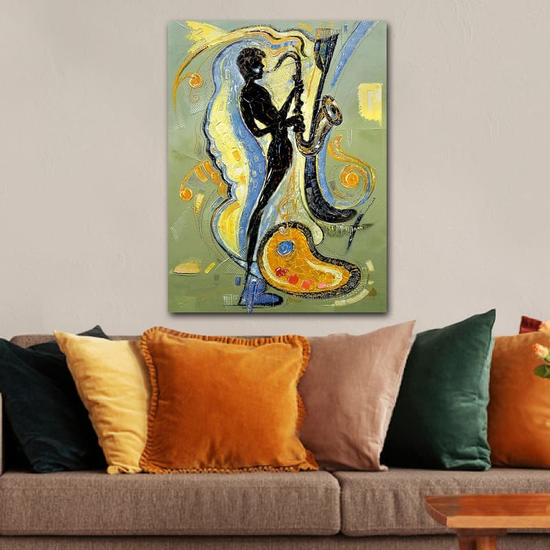 Lerretsbilde 70x100 cm - Silhuett av en saksofonist omgitt av musikalske elementer og fargerike mønstre - Svart / Gull / Blå - Innredning - Bilder & kunst - Lerretsbilder