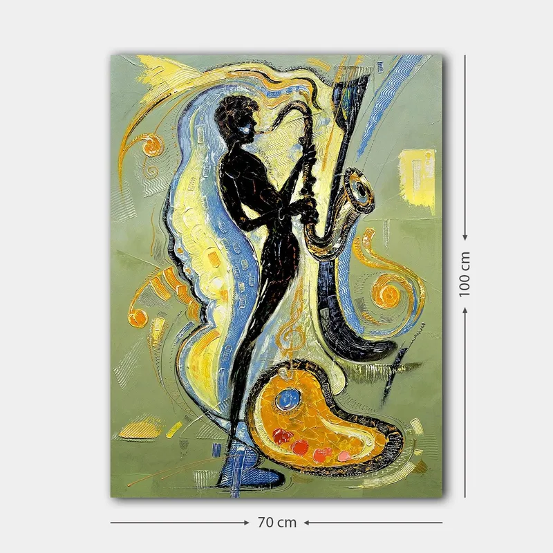 Lerretsbilde 70x100 cm - Silhuett av en saksofonist omgitt av musikalske elementer og fargerike mønstre - Svart / Gull / Blå - Innredning - Bilder & kunst - Lerretsbilder