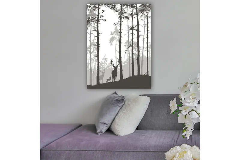 Lerretsbilde 70x100 cm - Silhuetter av hjort i skogsmiljø, Svart / Grå / Hvit