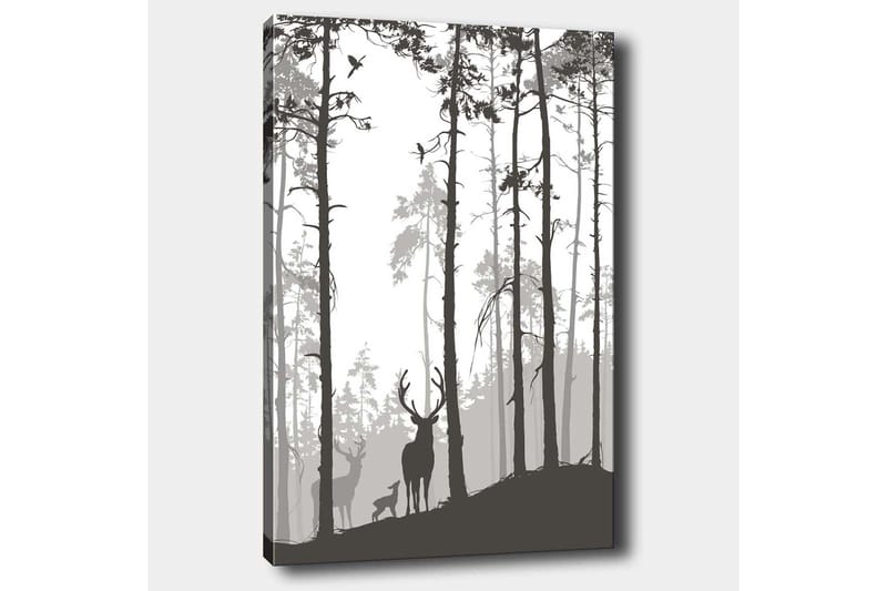 Lerretsbilde 70x100 cm - Silhuetter av hjort i skogsmiljø - Svart / Grå / Hvit - Innredning - Bilder & kunst - Lerretsbilder