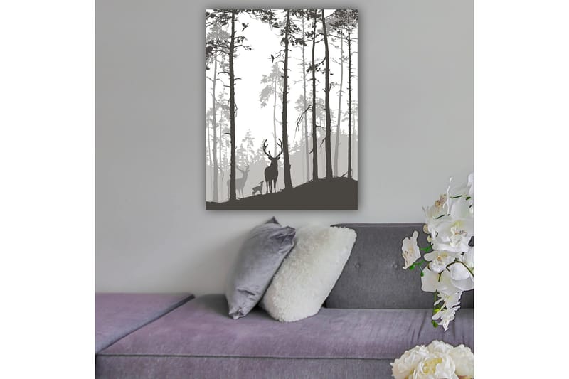 Lerretsbilde 70x100 cm - Silhuetter av hjort i skogsmiljø, Svart / Grå / Hvit