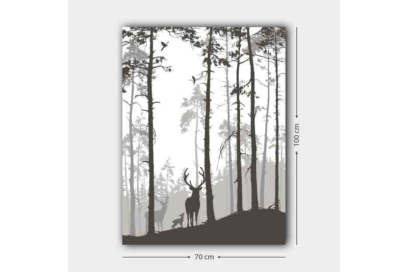 Lerretsbilde 70x100 cm - Silhuetter av hjort i skogsmiljø - Svart / Grå / Hvit - Innredning - Bilder & kunst - Lerretsbilder