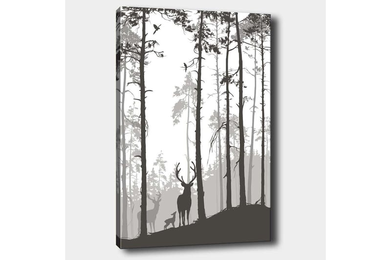 Lerretsbilde 70x100 cm - Silhuetter av hjort i skogsmiljø - Svart / Grå / Hvit - Innredning - Bilder & kunst - Lerretsbilder