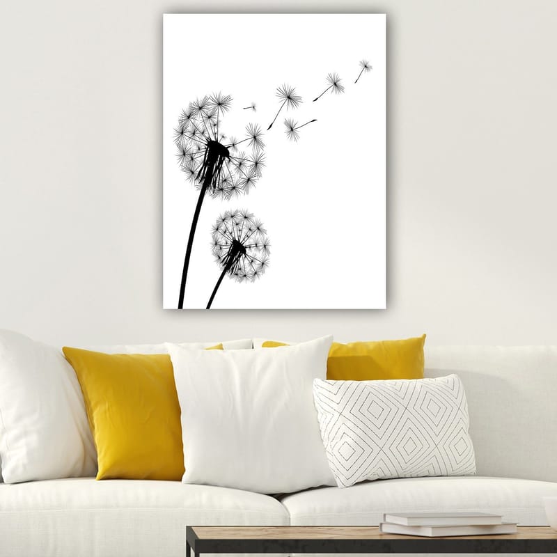 Lerretsbilde 70x100 cm - Silhuetter av løvetann som sprer frøene sine i vinden - Svart / Hvit - Innredning - Bilder & kunst - Lerretsbilder