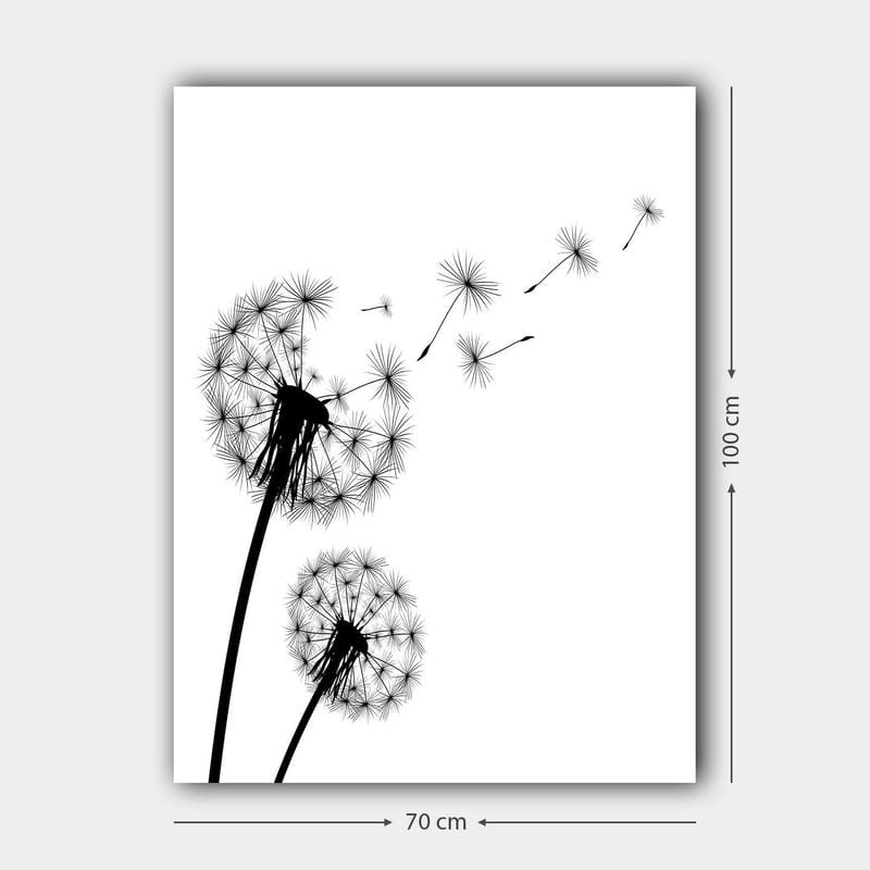 Lerretsbilde 70x100 cm - Silhuetter av løvetann som sprer frøene sine i vinden - Svart / Hvit - Innredning - Bilder & kunst - Lerretsbilder