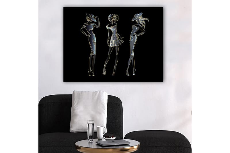 Lerretsbilde 70x100 cm - Silhuetter av tre elegante kvinner i moteklær - Svart / Gull / Hvit - Innredning - Bilder & kunst - Lerretsbilder